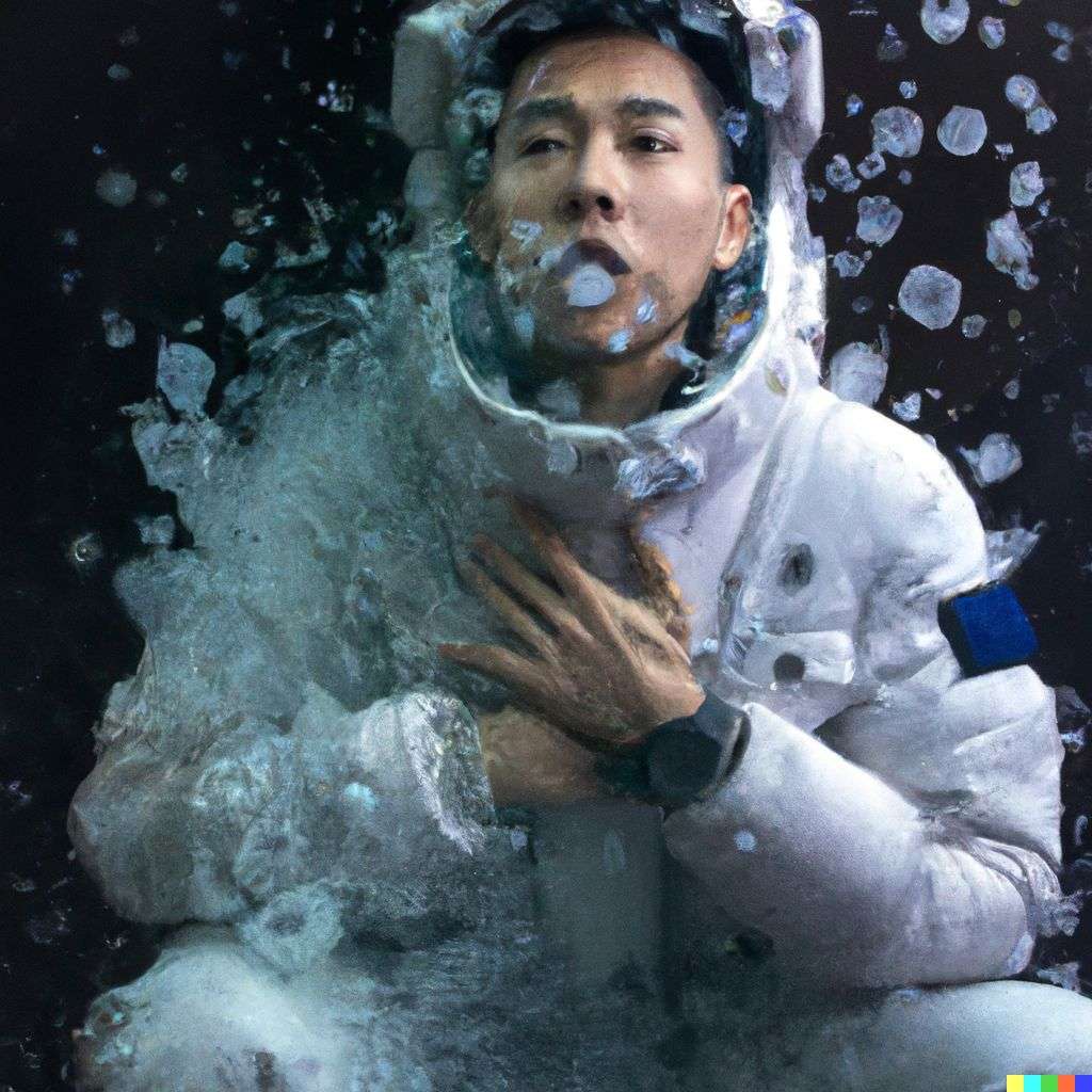 an astronaut, covered in exploding crystals